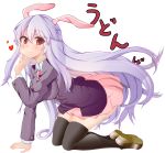  1girl all_fours animal_ears black_legwear blush heart heart-shaped_pupils highres long_hair looking_at_viewer moro_(eiyu) necktie purple_hair rabbit_ears red_eyes reisen_udongein_inaba skirt smile solo symbol-shaped_pupils thigh-highs touhou very_long_hair white_background 