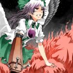 1girl black_wings bow breasts cannon cape clenched_teeth collared_shirt determined feathered_wings fire gradient_hair green_skirt hair_bow koke_(moromiso) leaning_forward looking_up multicolored_hair purple_hair red_eyes reiuji_utsuho short_sleeves skirt smoke space spread_wings tagme third_eye touhou violet_eyes white_hair wings 