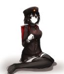  1girl :&lt; akitsu_maru_(kantai_collection) backpack bag black_clothes black_hair black_legwear black_skirt full_body hat kantai_collection knees_together_feet_apart long_sleeves military military_uniform orange_eyes pale_skin peaked_cap pleated_skirt randoseru short_hair simple_background sitting skirt thigh-highs uniform wadakazu white_background white_skin 