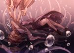  1girl blonde_hair bubble closed_eyes dress hair_ribbon hat hat_removed headwear_removed long_sleeves moriya_suwako open_mouth outstretched_arms outstretched_hand purple_dress ribbon shirt skeleton touhou underwater wide_sleeves zicai_tang 