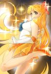  1girl aino_minako bishoujo_senshi_sailor_moon blonde_hair blue_eyes bow choker elbow_gloves gloves hair_bow half_updo highres jewelry leg_up long_hair looking_at_viewer looking_back magical_girl night night_sky orange_skirt sailor_venus skirt sky smile solo star star_(sky) starry_sky tiara very_long_hair vivi_(akagami) 