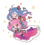  2girls ahoge bat_wings bell black_legwear blue_hair bow cape chibi fang glasses gradient_eyes hair_bow hair_ornament hair_ribbon hika_(ozeluk) holding horns long_hair multicolored_eyes multiple_girls open_mouth pink_hair pixiv_fantasia pixiv_fantasia_sword_regalia pleated_skirt ribbon rimless_glasses simple_background skirt star starry_background tail thigh-highs twintails very_long_hair white_background wings zettai_ryouiki 