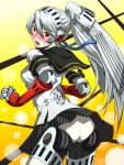  1girl :o ass blush breasts highres kamui_sathi labrys long_hair persona persona_4:_the_ultimate_in_mayonaka_arena red_eyes silver_hair solo yellow_background 