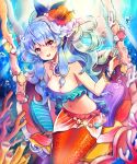  1girl bare_shoulders blue_hair blush bracelet breasts bubble cleavage coral cushion flower frills hair_flower hair_ornament hair_ribbon jewelry long_hair mermaid monster_girl nail_polish navel necklace parfait_(ryunghu) parted_lips payot red_eyes ribbon shell shirt sitting solo sparkle star sword_girls underwater very_long_hair water 