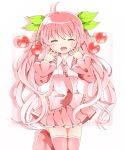  1girl ^_^ ahoge cherry closed_eyes food food_themed_clothes fruit hair_ornament kyapinetzu long_hair looking_at_viewer necktie open_mouth pink_hair pink_legwear pleated_skirt sakura_miku skirt smile solo thigh-highs twintails vocaloid zettai_ryouiki 
