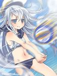  1girl adapted_costume bare_shoulders beach blue_eyes female hands_together hat hibiki_(kantai_collection) kantai_collection long_hair morino_(t_morino) motion_blur sleeveless solo swimsuit twitter_username verniy_(kantai_collection) volleyball white_hair 