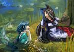  2girls amibazh animal_ears arm_up armlet blue_hair blue_nails breasts brooch brown_eyes brown_hair closed_eyes fingernails grass head_fins head_rest highres imaizumi_kagerou japanese_clothes jewelry kimono layered_dress lily_pad lips long_fingernails long_hair long_sleeves looking_at_another mermaid monster_girl multiple_girls obi open_mouth parted_lips partially_submerged profile sash sharp_fingernails shawl short_hair sitting touhou tree very_long_hair wakasagihime wolf_ears yokozuwari 
