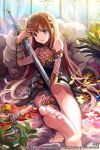  1girl barefoot bracelet breasts brown_hair character_request cleavage dress feet fishnets flower jewelry lips long_hair saya_(mychristian2) sitting smile soles solo source_request sword tagme toes violet_eyes weapon 