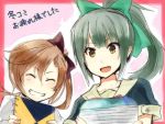  2girls :d ^_^ akigumo_(kantai_collection) bangs blue_bow blunt_bangs bow brown_eyes closed_eyes grin hair_bow kantai_collection looking_at_viewer mole multiple_girls open_mouth ponytail red_bow sailor_collar sarukomea sketchbook smile yuubari_(kantai_collection) 
