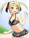  1girl blonde_hair blush breasts commentary_request dani-ikapi idolmaster idolmaster_dearly_stars looking_at_viewer open_mouth solo suzuki_ayane swimsuit twintails 