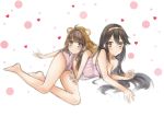  2girls ahoge animal_costume babydoll bare_legs bare_shoulders barefoot black_hair blush bow boxer_briefs breasts brown_hair cleavage costume dots female_admiral_(kantai_collection) full_body hairband haruna_(kantai_collection) heart highres kantai_collection lion_costume little_girl_admiral_(kantai_collection) long_hair lying lying_on_person multiple_girls on_person on_side open_mouth orange_eyes outstretched_arms pink_bow shinmurajun simple_background underwear white_background 