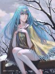  1girl bare_legs barefoot blue_eyes blue_hair circlet dress earrings fingers_together jewelry long_hair necklace original pendant poncho sitting snow traditional_clothes xiaji 