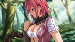  1girl blush breast_press breasts cleavage clenched_hand forest game_cg gauntlets hikage_narumi nature open_mouth redhead sakura_spirit sarashi scarf shiny shiny_skin short_hair sweat violet_eyes winged_cloud 