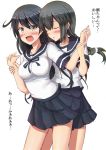  2girls blush braid breasts closed_eyes feesu_(rinc7600) grey_eyes isonami_(kantai_collection) kantai_collection long_hair multiple_girls open_mouth ponytail school_uniform serafuku single_braid skirt translation_request ushio_(kantai_collection) yuri 