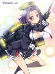  between_breasts breasts glaive gloves kantai_collection mecha_musume mechanical_halo morino_(t_morino) purple_hair school_uniform short_hair skirt smile standing_on_one_leg tatsuta_(kantai_collection) turret twitter_username untied violet_eyes weapon 