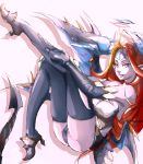  1girl blue_eyes boots breasts cleavage demon_girl demon_horns demon_wings elbow_gloves facial_mark forehead_mark gloves hera_(p&amp;d) horns large_breasts leotard long_hair looking_at_viewer myk_(cccmccc) pointy_ears puzzle_&amp;_dragons redhead solo tattoo thigh-highs thigh_boots wings 