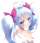  1girl bare_shoulders blue_eyes blue_hair blush bow denpa_onna_to_seishun_otoko hair_bow long_hair looking_at_viewer looking_back nanamics off_shoulder simple_background smile solo touwa_erio twintails white_background 