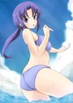  ass bikini feet_in_water fuuma_nagi happinesscharge_precure! hikawa_iona long_hair ponytail precure purple_hair soaking_feet swimsuit violet_eyes water 