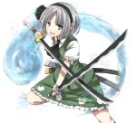  1girl blue_eyes dual_wielding folded_leg gotaishu hair_ribbon katana konpaku_youmu konpaku_youmu_(ghost) looking_at_viewer open_mouth ribbon scabbard sheath short_hair short_sleeves silver_hair simple_background skirt skirt_set solo standing_on_one_leg sword touhou weapon white_background 