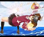  1girl brown_eyes brown_hair bullet_time infinote kantai_collection leaning_back long_hair onmyouji parody ryuujou_(kantai_collection) scroll shikigami short_hair skirt solo standing_on_water the_matrix twintails visor_cap 