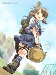  brown_eyes brown_hair flying_sweatdrops holding kantai_collection mecha_musume morino_(t_morino) open_mouth pleated_skirt school_uniform serafuku shirayuki_(kantai_collection) short_hair short_sleeves skirt smokestack teapot turret twintails twitter_username 