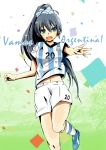  1girl 2014_fifa_world_cup argentina black_hair blue_eyes confetti fang ganaha_hibiki high_ponytail idolmaster kneehighs long_hair looking_at_viewer navel open_mouth outstretched_arm ryuu. shorts soccer soccer_uniform solo spanish sportswear world_cup 