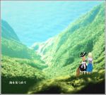  2girls akumasatan alice_margatroid apron black_dress blonde_hair blue_dress blue_sky boots broom brown_hair capelet dress facing_away grass grassy hairband hat holding holding_hands kirisame_marisa long_sleeves looking_at_another medium_request mountain multiple_girls ravine scenery short_hair sky standing touhou translation_request witch_hat 