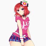  1girl blush bow casual chan_co flower hair_ornament hairband looking_at_viewer love_live!_school_idol_project nishikino_maki redhead short_hair skirt smile solo violet_eyes 