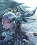  akikazu_mizuno arrow bow dragon heterochromia highres horns katana looking_at_viewer pale_skin phantasy_star phantasy_star_online_2 sega short_hair sword weapon white_hair 