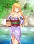  1girl bare_shoulders blonde_hair breasts brown_eyes bucket cleavage japanese_clothes kimono long_hair nature one_eye_closed original pond smile solo tree water 