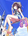  1girl anklet barefoot blush_stickers brown_hair crossed_legs drink feet flip-flops from_below glasses holding holding_shoes jewelry legs long_hair original ponytail saitou_teikoku sandals shoes_removed shorts sitting sky sweat toes 