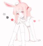  1girl animal_ears artist_name blush character_request double_bun dress half_updo long_hair marin_(myuy_3) pink_eyes pink_hair rabbit_ears sitting smile solo white_skin 