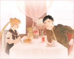 1990s_(style) 1girl androgynous bishoujo_senshi_sailor_moon bishoujo_senshi_sailor_moon_sailor_stars black_hair black_shirt blonde_hair blue_sailor_collar bouquet bow brooch cafe cake cake_slice chin_rest curtains doily earrings eyes_closed flower food fork from_side highres ice ice_cube jewelry juuban_high_school_uniform laughing necktie parted_lips plate puffy_short_sleeves puffy_sleeves sailor_collar school_uniform seiya_kou serafuku shamko shirt short_sleeves sitting smile strawberry_shortcake stud_earrings stuffed_animal stuffed_toy table teddy_bear tsukino_usagi twintails vase window