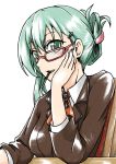  1874486_(artist) alternate_hairstyle bespectacled glasses green_eyes green_hair hair_ornament hair_up hairpin kantai_collection pocky suzuya_(kantai_collection) uniform 