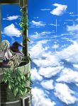  2girls above_clouds alice_margatroid arm_around_shoulder blonde_hair blue_sky capelet clouds dress from_behind hand_on_another&#039;s_shoulder hat kirisame_marisa long_sleeves multiple_girls no_headwear orien sash short_hair sky touhou tower vines witch_hat 