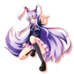  1girl 7nanappe animal_ears black_legwear blazer bunny_tail dress_shirt finger_gun jacket kneehighs loafers long_hair long_sleeves looking_at_viewer open_mouth pleated_skirt pointing pointing_up purple_hair rabbit_ears red_eyes reisen_udongein_inaba shirt shoes simple_background skirt smile solo squatting tail touhou very_long_hair white_background white_shirt 