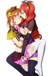  2girls bat_wings belt black_legwear blue_eyes blush kousaka_honoka love_live!_school_idol_project multiple_girls nishikino_maki orange_hair redhead skirt star tail thighhighs violet_eyes wings 