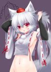  1girl animal_ears blush bridal_gauntlets detached_sleeves hat inubashiri_momiji langlong looking_at_viewer mound_of_venus navel open_mouth out-of-frame_censoring red_eyes shameimaru_aya short_hair silver_hair small_breasts solo tail thumbs_up tokin_hat touhou wolf_ears 