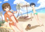  2girls beach bikini blue_hair breasts brown_hair drinking green_bikini hand_in_pocket hiryuu_(kantai_collection) kantai_collection looking_at_viewer multiple_girls ocean palm_tree short_hair souryuu_(kantai_collection) striped striped_bikini striped_swimsuit suke_(momijigari) swimsuit tree 