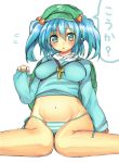  1girl arm_at_side arm_up blue_eyes blue_hair blue_shirt breasts gradient_eyes kawashiro_nitori key knees_together_feet_apart lace-trimmed_panties long_sleeves looking_at_viewer midriff multicolored_eyes panties po._(medamaoyazi) short_hair short_twintails sitting tight_shirt touhou translation_request twintails underwear 