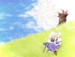  2girls akumasatan alice_margatroid apron black_dress blonde_hair blue_dress blue_sky boots bow braid capelet cherry_blossoms clouds dress grass grassy hair_bow hairband hand_on_lap hill kirisame_marisa laughing long_sleeves looking_at_another multiple_girls on_grass petals short_hair single_braid sitting sky smile touhou tree wind 