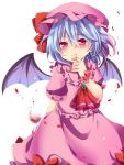  1girl ascot blood blood_from_mouth blood_on_fingers blue_hair dress frilled_dress frills glass mob_cap puffy_short_sleeves puffy_sleeves red_eyes remilia_scarlet short_hair short_sleeves smile touhou uguisu_mochi_(ykss35) 