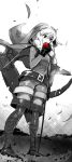  1girl arrow artist_name belt boots bow_(weapon) braid cloak dragon&#039;s_crown dutch_angle eating elf elf_(dragon&#039;s_crown) full_body gloves hood leaf long_hair looking_away monochrome pointy_ears quiver red_apple shorts sinov_mimori solo standing thigh-highs thigh_boots twin_braids weapon 