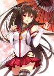 1girl blush brown_hair flower hair_flower hair_ornament kantai_collection long_hair looking_at_viewer nagisa3710 open_mouth oriental_umbrella personification petals ponytail red_eyes red_skirt skirt smile umbrella very_long_hair yamato_(kantai_collection) 