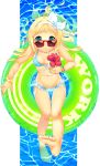  1girl barefoot bikini blonde_hair bracelet drink drinking_straw flower green_eyes hairband innertube jewelry looking_at_viewer motton nail_polish navel original solo sunglasses swimsuit toenail_polish water wet 