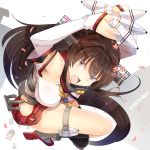  1girl anchor between_fingers breasts brown_eyes brown_hair cherry_blossoms cutting_board detached_sleeves flower hair_flower hair_ornament kantai_collection long_hair looking_at_viewer open_mouth ponytail ryuujou_(kantai_collection) single_thighhigh skirt solo sts sweat taihou_(kantai_collection) thigh-highs twintails twitter_username very_long_hair visor_cap yamato_(kantai_collection) 