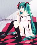  1girl aqua_eyes cat checkered checkered_floor copyright_name dress food fruit green_hair hatsune_miku high_heels hiro_satochi long_hair mouth_hold single_shoe sitting solo strawberry thigh-highs twintails very_long_hair vocaloid world_is_mine_(vocaloid) 