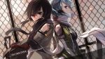  2girls aqua_eyes asada_shino black_eyes black_hair blue_eyes blurry depth_of_field dual_persona dutch_angle glasses hair_ornament hair_ribbon hairclip low_twintails multiple_girls ribbon scarf school_uniform shinon_(sao) short_hair swd3e2 sword_art_online twintails wind 