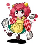  1girl apron bell blush_stickers book byourou chibi hair_ornament japanese_clothes looking_at_viewer motoori_kosuzu outstretched_arms red_eyes redhead simple_background smile solo spread_arms touhou translation_request two_side_up white_background 
