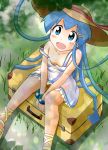  1girl :d absurdres ankle_wraps blue_hair blush blush_stickers breasts cleavage collarbone dress hat highres ikamusume long_hair off_shoulder open_mouth rokushaku_neko sandals see-through shinryaku!_ikamusume sitting small_breasts smile solo suitcase sun_hat sundress tareme tentacle_hair v_arms very_long_hair 
